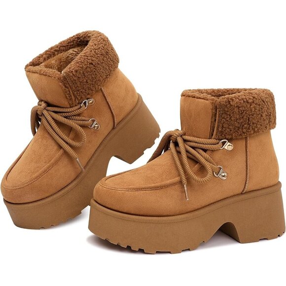 Shoes - Women's Brown Platform Lace Up Snow Boots with Zipper & Chunky Heels